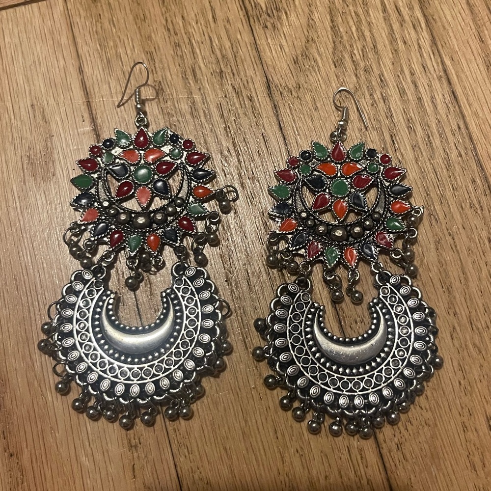 Bohemian Silver and Multicolor Dangle Earrings